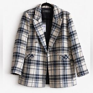 Textured Tweed Plaid Blazer Jacket | Black, Light Blue & Ivory | Size 14 | NWT